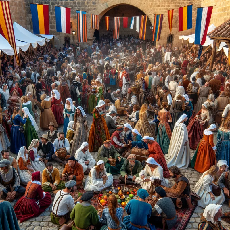 Medieval Festivities at Torres de Serrano - A lively medieval festival taking place at Torres de Serrano's, with people in traditional costumes, vibrant decorations, and historical reenactments capturing the rich cultural heritage. - AI image generated with Art