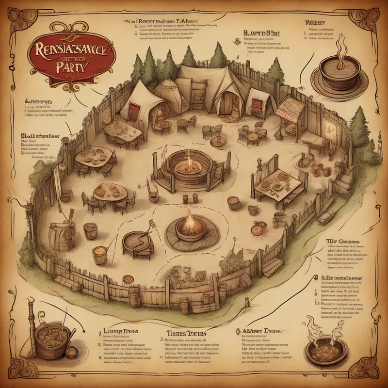 Medieval Festivity Map on Antique Parchment - An artistically rendered renaissance party map in a hand-drawn style, depicted on worn parchment. Distinct labeled illustrations highlight activity spots: blazing fire pit, a table stacked high with hearty food, a wooden bar offering tankards of ale, an enchanting corner photo booth, a tented tarot card area draped in mystery, classic ring toss with stout posts, well-marked archery and axe lanes, a jousting arena of shields and lances, and a musical dance floor. The map is bordered decoratively with a compass rose and suffused with warm sepia hues. - AI image generated with Photorealistic