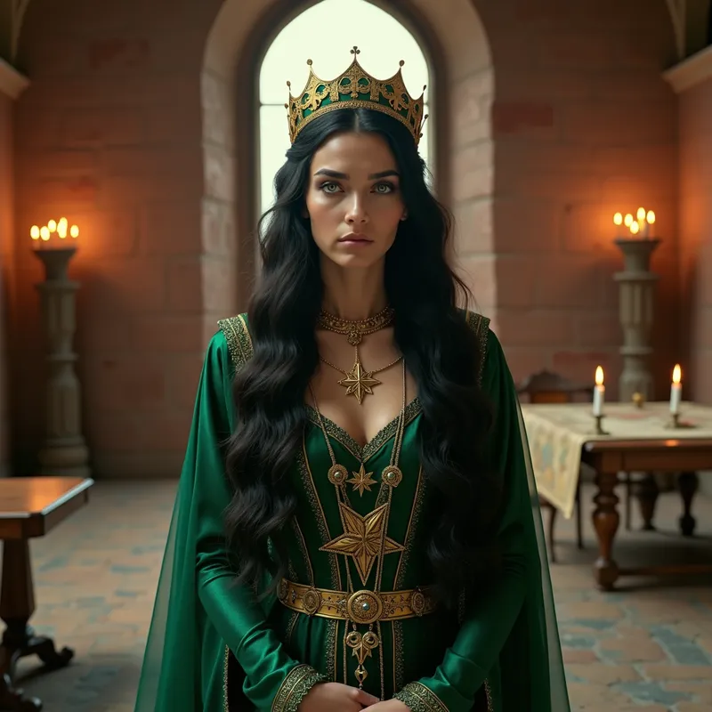 Medieval Queen in Castle - A hyper-realistic cinematic film style full body portrait of a cold, regal, medieval queen in a stark castle room made of light red stone. She stands before a simple glass window featuring a golden seven-pointed star, casting warm light. Her extremely long wavy dark black hair flows elegantly down past her waist, complementing her modest emerald-green gown with gold embroidery that is in the medieval fantasy style with renaissance era influences. Piercing dark green eyes exude power and superiority, and a golden necklace with a seven-pointed star and she's wearing a golden, emerald-adorned tiara with a green veil that flows down her back that enhances her regal aura. Her sharp gaze and superior expression dare opposition. The minimalistic hall features stone walls, glowing torches, and a wooden table with maps and candles, evoking medieval fantasy in, cinematic medieval fantasy film still 8K UHD, DALL-E 3 style image. - AI image generated with Photorealistic 2