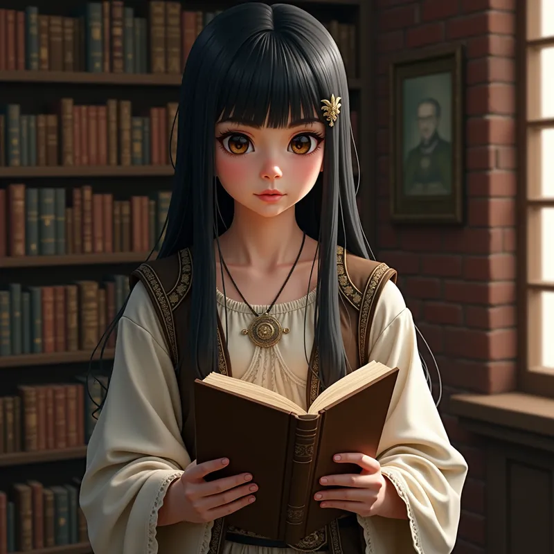 Medieval Scholar - A girl with straight black hair and chestnut eyes, dressed in casual medieval clothing, reading an ancient book in a grand library. - AI image generated with Photorealistic 2 - photorealistic