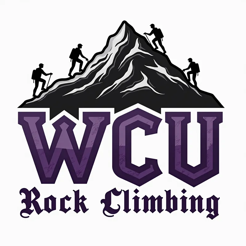 Medieval Summit - This tee shirt logo features the text 'WCU ROCK CLIMBING' in a medieval writing style. The color scheme is strictly purple, black, and white. In the background, a mountain is depicted, and rock climbers are shown climbing the letters. The design does not have a background color. - AI image generated with Photorealistic 2