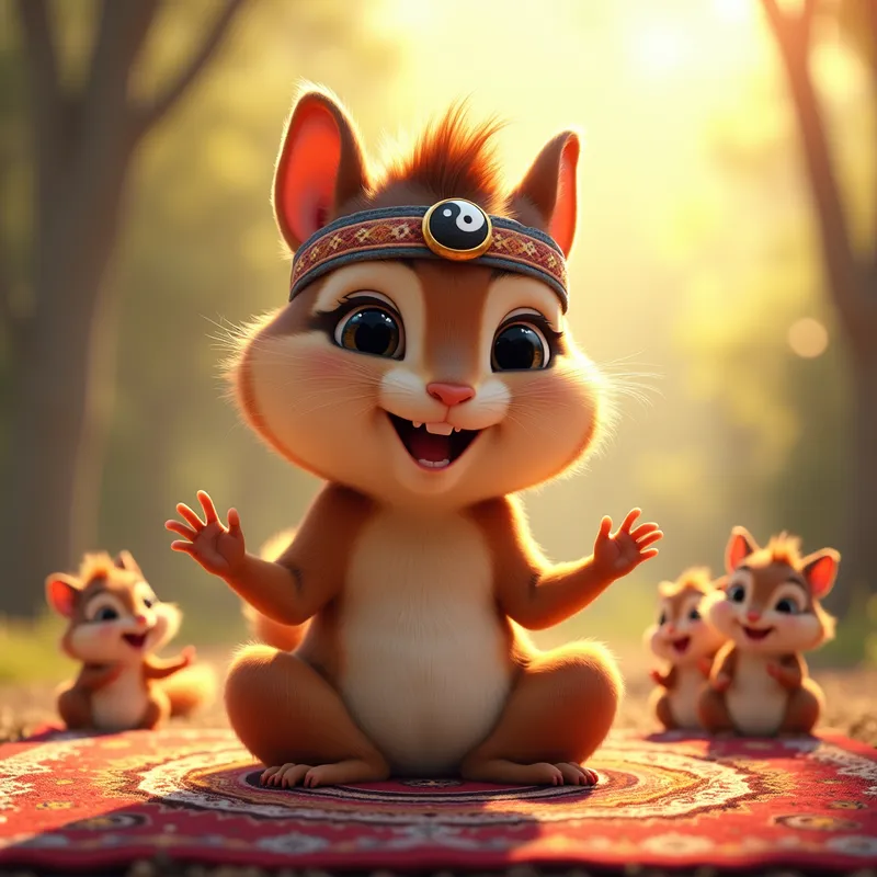Meditating Chipmunk Guru - A big-eyed, bubbly chipmunk with a headband featuring a yin-yang badge, meditating atop a vibrant Indian rug. His hands are positioned energetically, and he is surrounded by a gentle, glowing aura. In the sunlit background, his chipmunk family—wife, three playful teenagers, and a tiny newborn—are frolicking together, radiating joy and warmth. - AI image generated with Photorealistic 2 - vivid colors, photorealistic, cartoony