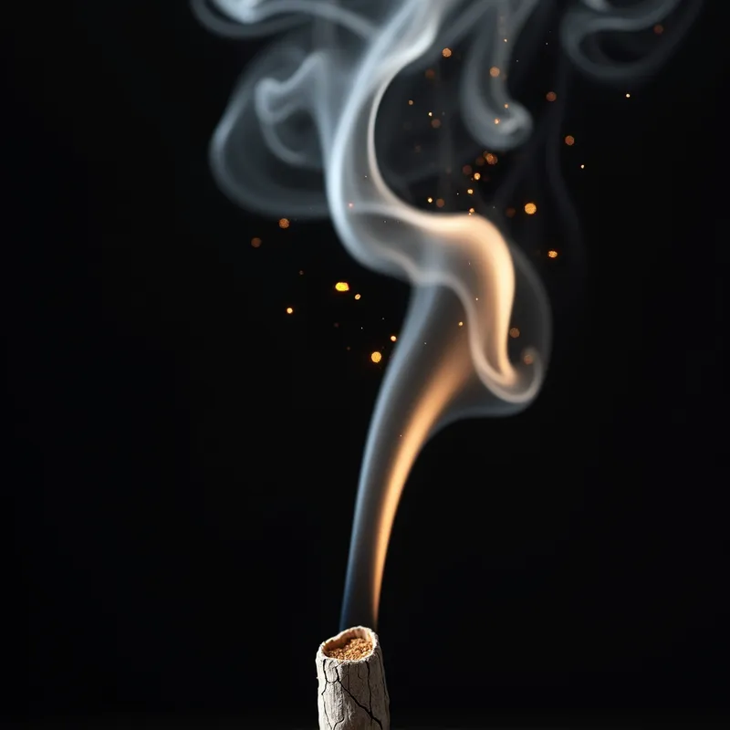 Meditative Smokescreen - Ultra-realistic close-up of a burning sage bundle with thick white smoke rising in slow motion against a pure black background. The smoke swirls into delicate spiral patterns, subtly illuminated by an underlying golden light. Tiny glowing particles drift through the air, creating a calming and mystical scene, captured in 8K detail with a soft focus for enhanced meditation and energy clearing. - AI image generated with Photorealistic 2