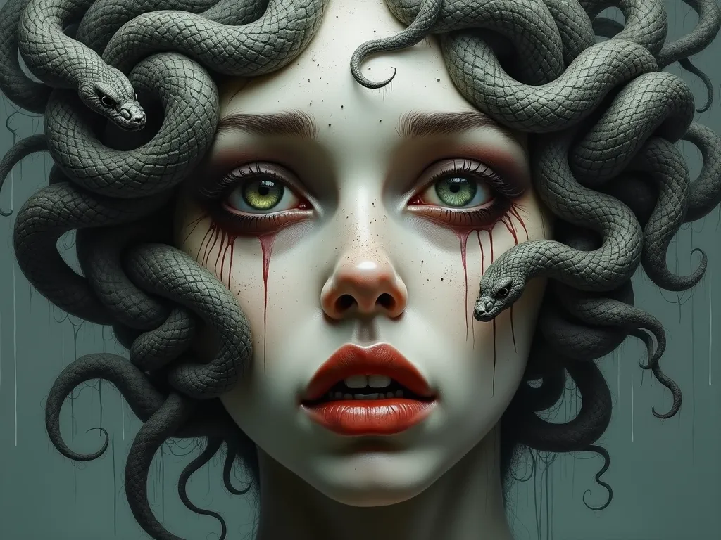 Medusa's Sorrowful Gaze - A haunting portrayal of mythical Medusa with snakes for hair, her face a mix of sorrow and ferocity, tears glistening down her stone-like cheeks as she stares directly at the viewer with her terrifying gaze. - AI image generated with Photorealistic 2 - oil painting with palette knife, fantasy art