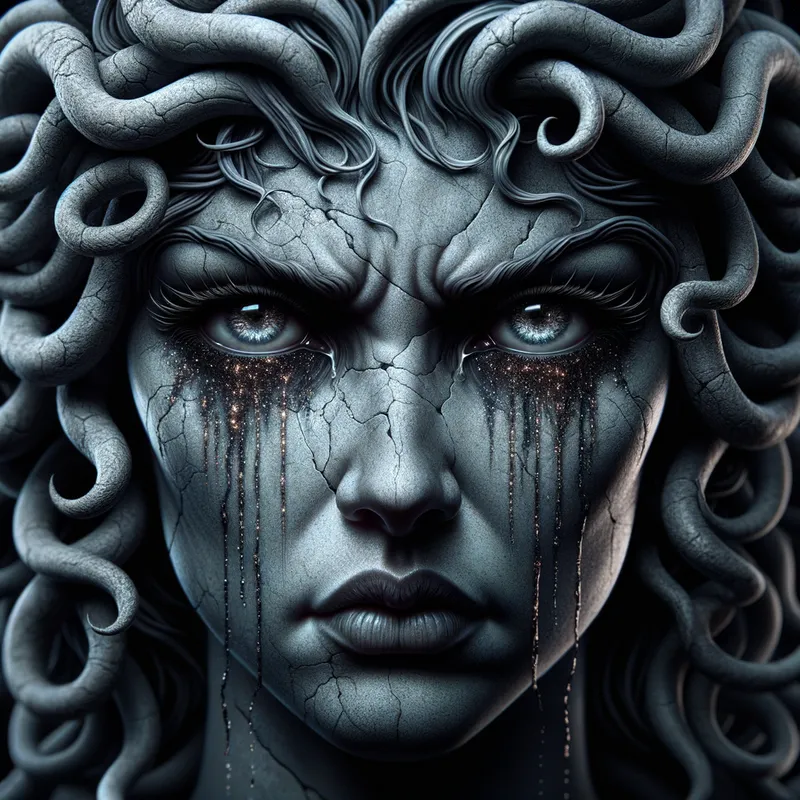 Medusa's Tears - A haunting portrayal of goddess Medusa, her face a mix of sorrow and ferocity, tears glistening down her stone-like cheeks as she stares directly at the viewer with her terrifying gaze. - AI image generated with Art