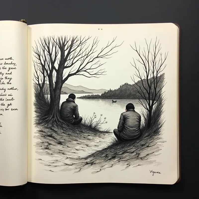 Melancholic Journal Scene - A meticulously inked drawing depicting a serene landscape within a journal entry. The sad and upset people in the background, along with personal handwritten notes, add a layer of depth to the image. - AI image generated with Text - dark tones, sketching, Van Gogh