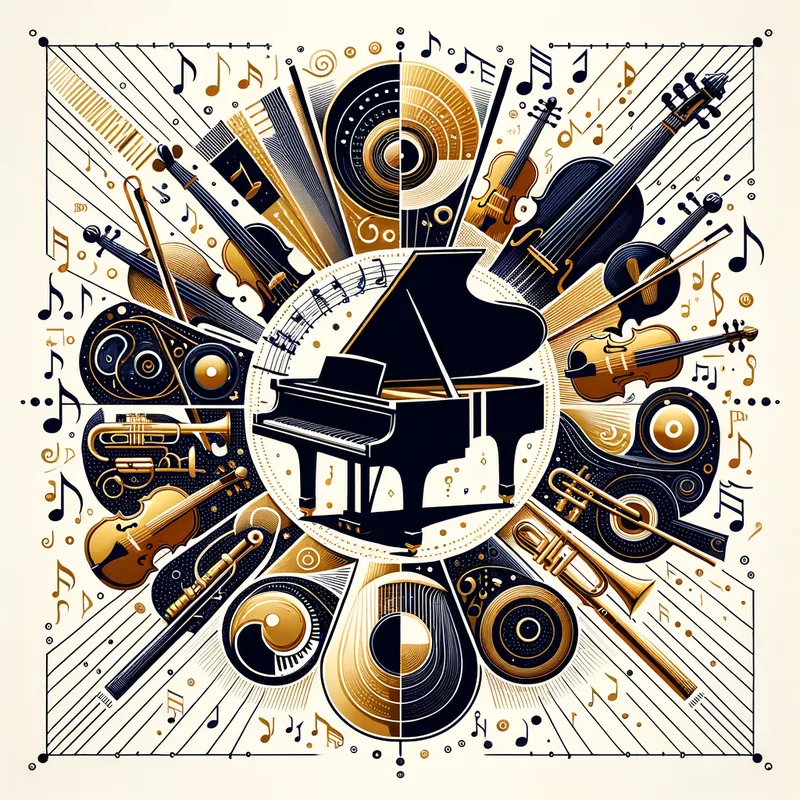 Melodic Golden Ratio - An art piece where a grand piano is at the center, with musical notes and instruments radiating outward in a pattern determined by the golden ratio. The artwork emphasizes the value of music in art through an intricate and balanced design. - AI image generated with Art