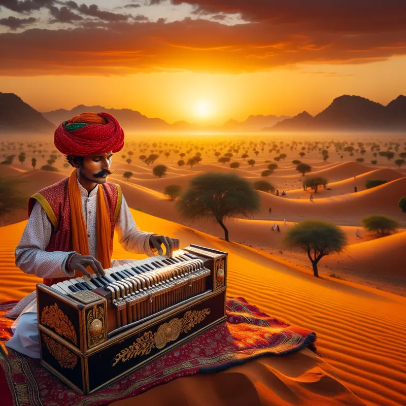 Melodic Rajasthan - A Rajasthani singer in traditional attire performing with a harmonium, set against the backdrop of a vibrant desert landscape at sunset. - AI image generated with Art