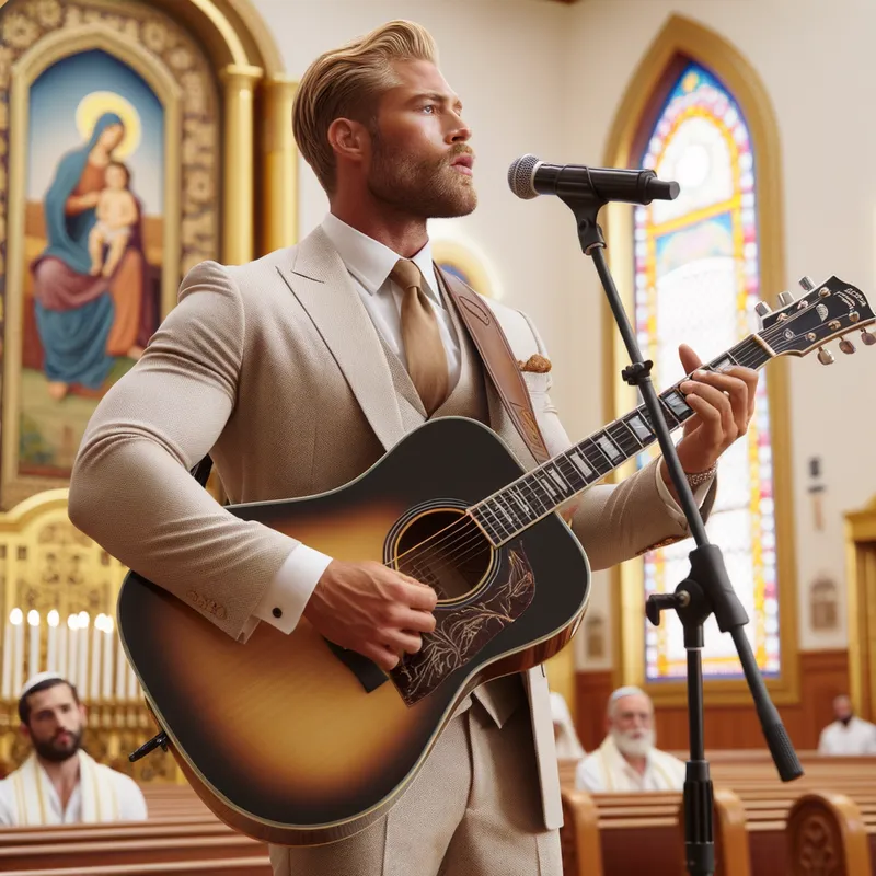 Melodic Reflections - A handsome, blond man in his late 30s stands at the bimah of a brightly lit, modern synagogue, leading the congregation in heartfelt song. With short, styled crew cut hair and light stubble, he wears a light beige three-piece suit, white shirt, tan tie, and an elegantly draped tallit. He exudes confidence with a muscular build, broad shoulders, and a round belly. Strumming an impressive Martin D-28 guitar, supported by a leather strap, his deep, melodic voice merges with the guitar's rich tones. The congregation, inspired by his sincerity and strength, listens attentively in an atmosphere enhanced by colorful tapestries and peaceful natural light. - AI image generated with Art