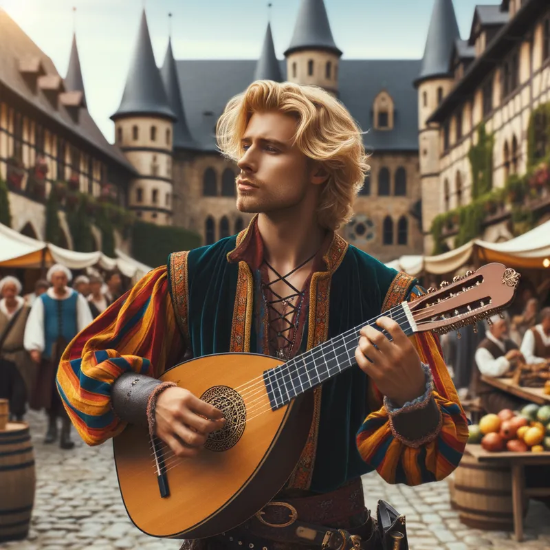 Melodic Wanderer - A blonde haired male human bard, dressed in colorful clothes, standing in a lively medieval market square, playing a lute with enthusiasm. - AI image generated with Art