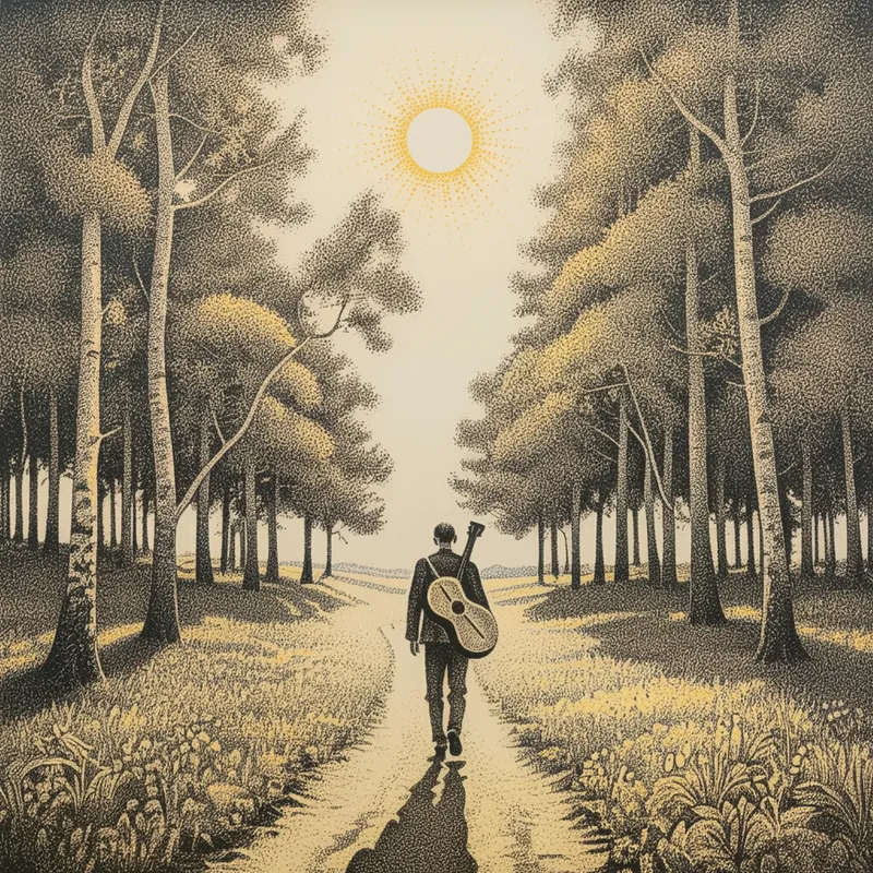 Melodies in the Meadow - In a sun-dappled field, a solitary figure with a guitar on their back walks towards the edge of the forest. - AI image generated with Imagen 3 - stippling drawing, Pablo Picasso
