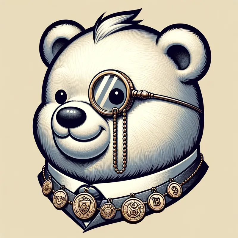 Meme Coin Bear Monocle - A cartoon of the face of a cute bear with a monocle, wearing a necklace decorated in meme coins profile view, extreme close-up Raphael - AI image generated with Art - picture of the day