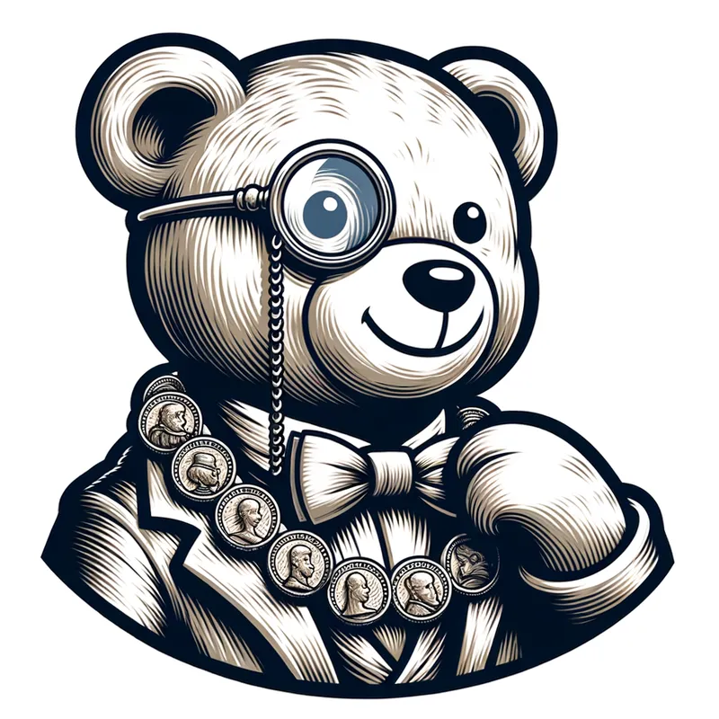 Meme Coin Teddy Monocle - A cartoon of the face of a teddy bear with a monocle, wearing a necklace decorated in meme coins - AI image generated with Art - Michelangelo