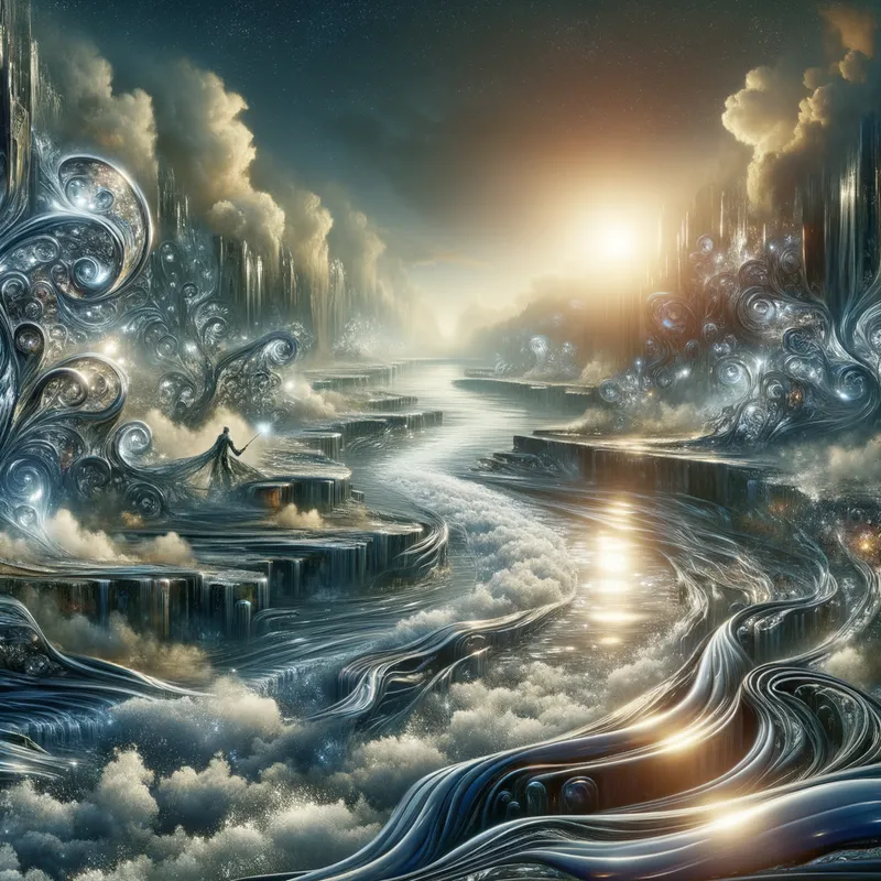 Memories in Motion - A mystical river with silvery liquid that glistens like mercury. The water is composed of various memories, projecting different historical fragments to different individuals upon contact. Consuming the liquid leads to random memory exchanges. - AI image generated with Art - double exposure