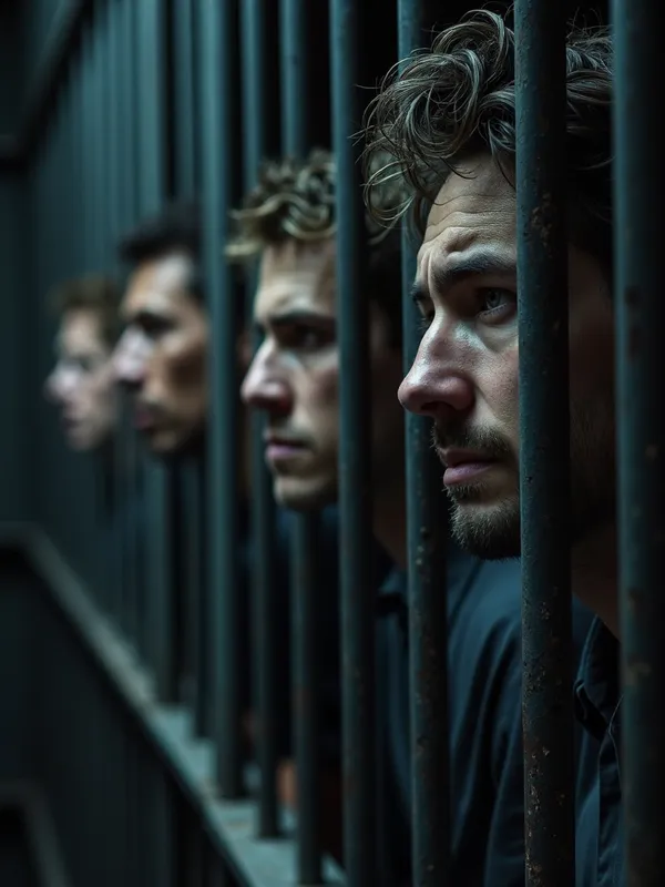 Men Behind Bars - A somber and emotional scene depicting men behind bars in a dimly lit prison. The men are looking out through the bars with expressions of despair and longing. The background consists of cold, grey prison walls, and the atmosphere is grim and heavy. The lighting highlights the individual faces of the men, capturing their emotions and the harsh reality of their confinement. - AI image generated with Photorealistic 2