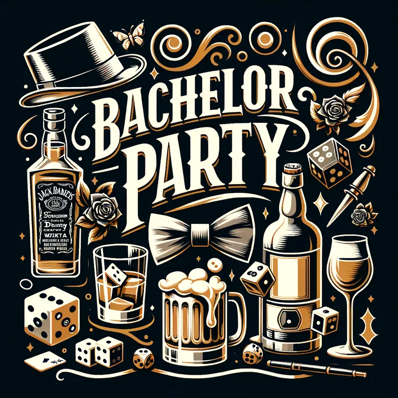 Men's Night Out - Vector illustration depicting a bold bachelor party with masculine style. This design features sleek typography with swirls, highlighting items like beer mugs, whiskey glasses, bow ties, dice, and playing cards. The color palette of black, gold, and white contributes to a clean, upscale graphic that strikes a balance between playful and classy. - AI image generated with Art