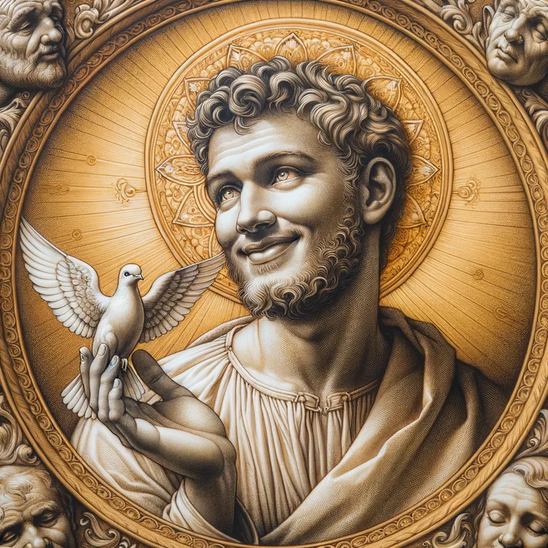 Messiah and Dove - A detailed portrayal of Jesus smiling gently as he holds his hand up to support a dove, with an aura of divine light surrounding them both. - AI image generated with Art