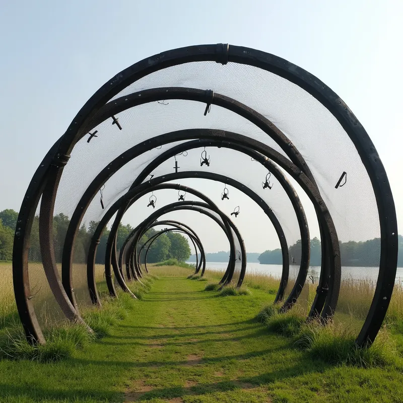 Metal Bar Tunnel by the River - A creative outdoor installation of six semi-circle metal bars arranged to form a tunnel. The bars vary in size and spacing, creating interesting geometric intersections and rip patterns. Small semi-circles within add depth, while a fishing net overlays the structure. It is located in a grass field near a river. - AI image generated with Photorealistic 2