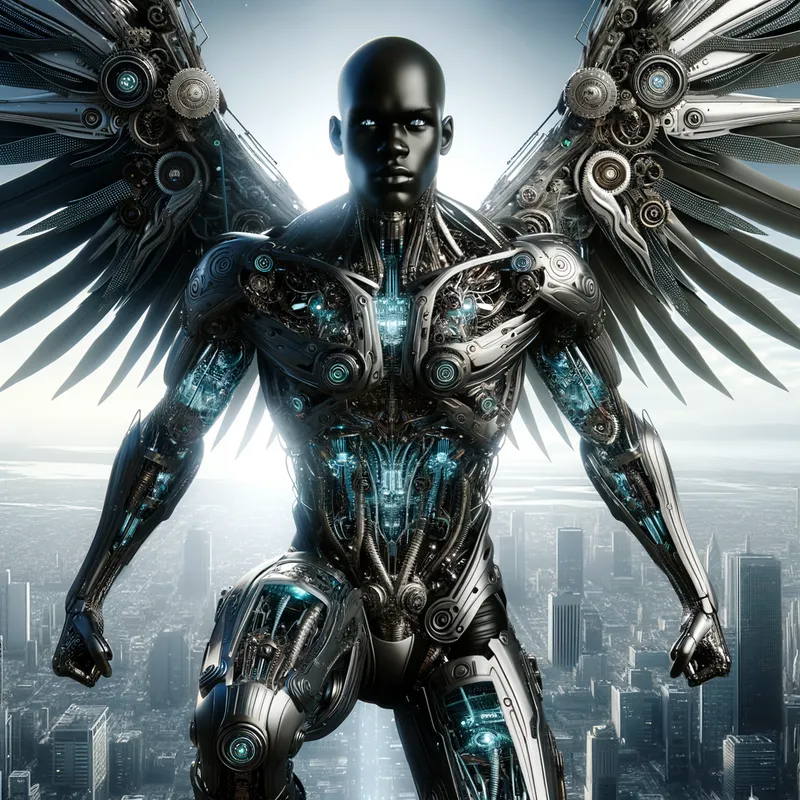 Metallion Protector - A futuristic black angel man clad in intricate, metallic armor. His robotic wings are extended wide, revealing intricate gears and glowing circuits, as he hovers in the futuristic metropolis, ready for combat. - AI image generated with Art