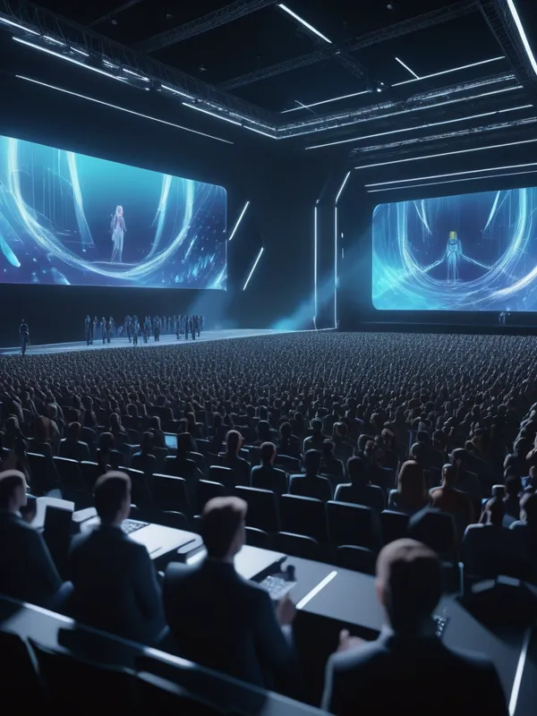 Metaverse Conference: Dynamic Virtual Pl - Cinematic wide shot of a large metaverse conference stage, hundreds of avatars in the audience, big holographic screens, dramatic lighting, volumetric light beams, premium corporate event atmosphere, high realism, dynamic composition, 8k render - AI image generated with Photorealistic - dynamic pose