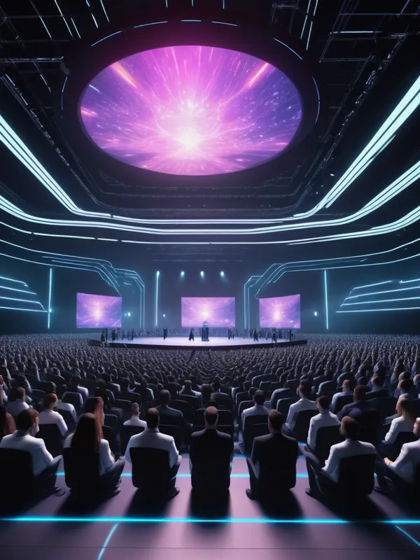 Metaverse Conference: Dynamic Virtual Pl - Cinematic wide shot of a large metaverse conference stage, hundreds of avatars in the audience, big holographic screens, dramatic lighting, volumetric light beams, premium corporate event atmosphere, high realism, dynamic composition, 8k render - AI image generated with Photorealistic - dynamic pose
