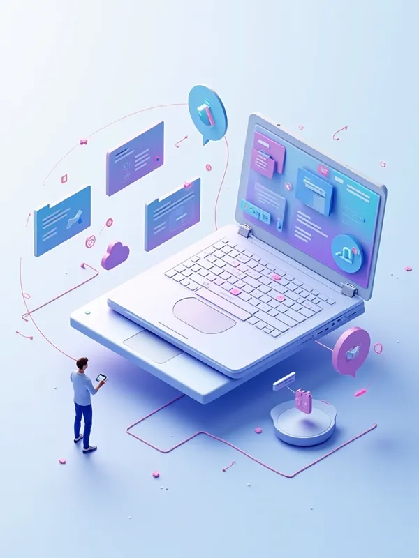 Metaverse Platform With Productivity Hub - Isometric clean illustration showing a metaverse platform connected to multiple productivity tools, floating icons representing chat, files, tasks, calendar, integrations, organized layout, professional palette, modern tech corporate mood, crisp and minimal - AI image generated with Photorealistic 2 - photorealistic