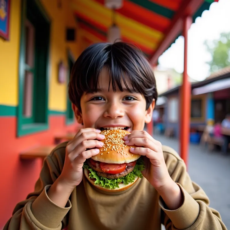 Mexican Boy Enjoying a Burger - A vibrant image capturing a 13-year-old Mexican boy joyfully eating a burger. The boy has dark hair and a bright smile, sitting at a colorful, festive outdoor setting. Mexican cultural elements, such as traditional decorations and colors, are visible in the background. The boy is dressed in casual, contemporary clothing, reflecting a blend of youthful energy and cultural heritage. - AI image generated with Photorealistic 2