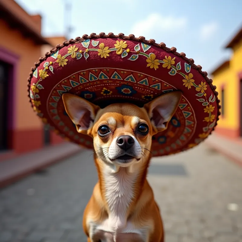 Mexican Chihuahua - A chihuahua with a large, ornate Mexican sombrero, set against a backdrop of a traditional Mexican village street. - AI image generated with Photorealistic 2