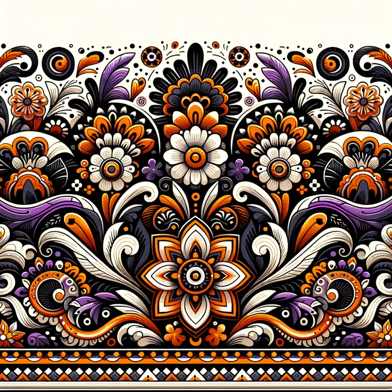 Mexican Fiesta - A lively page border with intricate designs featuring vibrant orange, black, purple, and white colors in a traditional Mexican style. - AI image generated with Art