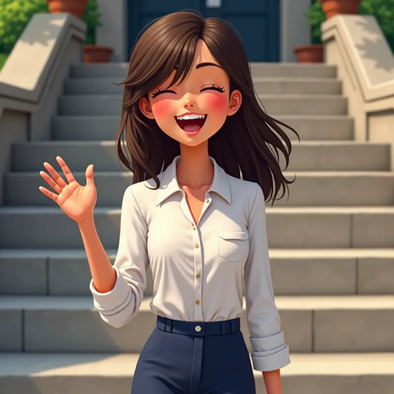 Mexican Teen's Joyful Staircase - A realistic Mexican  teen with light brown skin, medium length brown hair with bangs swept over her left eye, wearing a white blouse and navy blue slacks, a cheerful expression waving happily with her eyes closed in front of stone stairs to a school. - AI image generated with Photorealistic 2