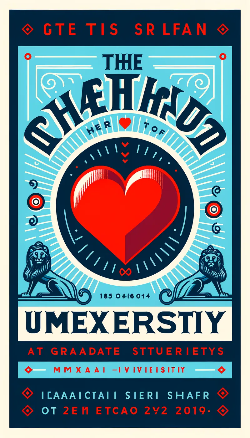 Mexican Uni Grad Heart - Create a poster with the phrase "THE HEART OF GRADUATE STUDIES AT MEXICAN UNIVERSITY," highlighting "HEART" with an "O" in the shape of a bright red heart. Use blue as the main color (#003366), light blue details (#5AB5E4), and a background with a subtle gradient. Include stylized lions, modern sans-serif typography, and the crest in one corner. - AI image generated with Art