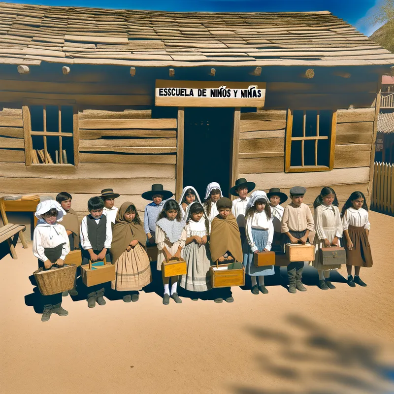 Mga Unang Simula sa San Jose - A nostalgic scene of the early 19th century in San Jose, featuring children attending the Escuela de Niños y Niñas, the first primary school established in the town. The children are depicted in traditional clothing, carrying books and school supplies, with the school's wooden structure and surrounding rustic environment providing a backdrop. - AI image generated with Art