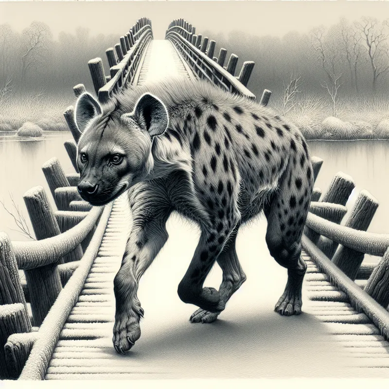 Michelangelo-Style Hyena on Icy Bridge - A hyena crossing an icy bridge - AI image generated with DALL-E 3 - sketching, Michelangelo