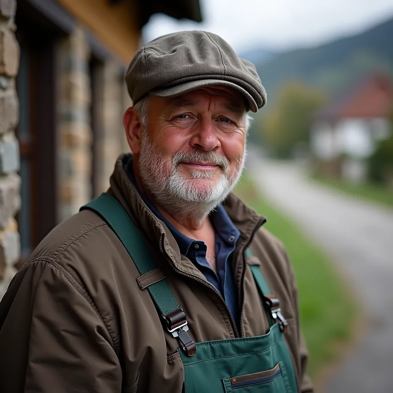 Michi: Austrian Mailman Portrait - Photorealistic. Portrait. Michi. 39 years old. Austrian mailman in the village. - AI image generated with Photorealistic 2