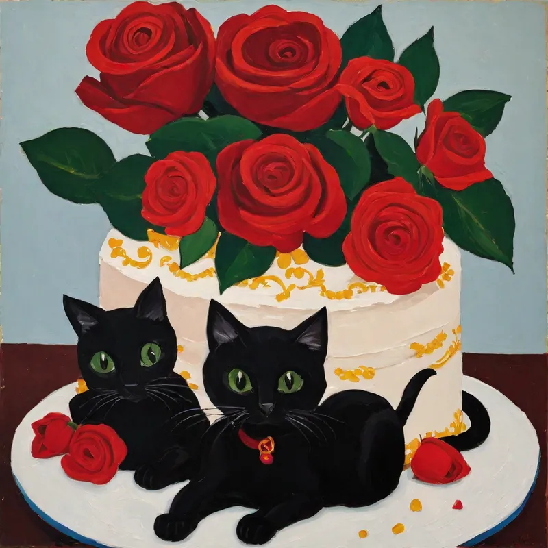 Mickey' Oil Art - Happy Birthday cake. Red roses and black cats. Happy Birthday Mickey. - AI image generated with Fictional - oil art, Matisse
