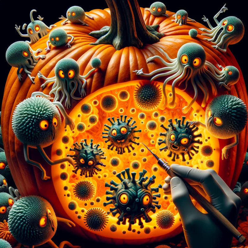 Microbial Halloween - Close-up of a vibrant pumpkin being carved by various cute and quirky germs, showcasing their unique designs and team effort. - AI image generated with Art