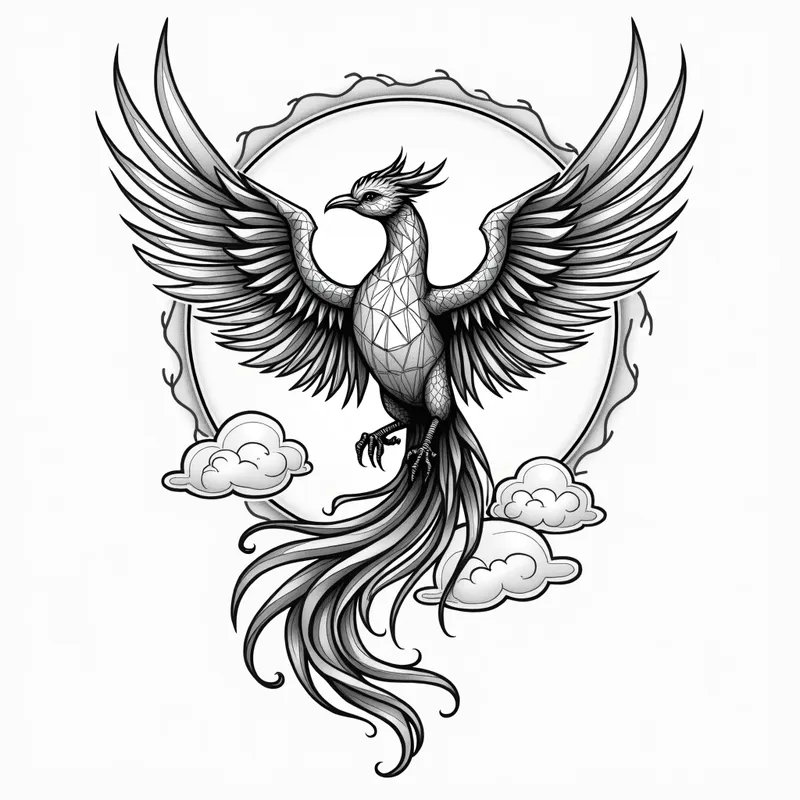 Mid-Air Phoenix - A majestic geometric style phoenix in mid-air, wings fully spread and tail flowing beneath, set against a background of swirling clouds. - AI image generated with Photorealistic 2 - minimalist line art, tattoo drawing