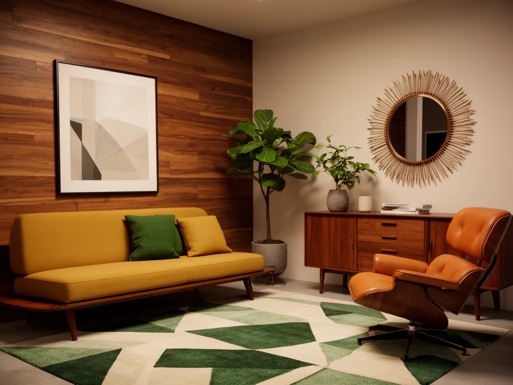 Mid-Century Living Room Mockup - Slight Angle (perspective view)**
A photorealistic mockup of a mid-century modern living room interior, viewed from a slight angle showing perspective depth, warm walnut wood accent wall with a large framed art print displayed at a natural angle, low-profile sofa in mustard yellow, with green throw pillow, teak credenza with potted fiddle leaf fig, sunburst mirror, eames-style lounge chair in caramel leather, abstract geometric rug in green and cream, soft warm directional lighting casting gentle shadows, professional interior photography style, lifestyle home decor mockup, 4k, highly detailed
 - AI image generated with Flux 2