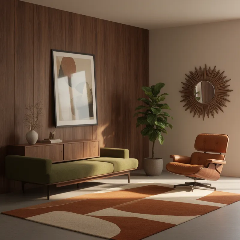 Mid-Century Modern Living Room - A highly detailed 4k photorealistic mid-century modern living room interior mockup viewed from a slight perspective angle, featuring a walnut wood accent wall with a large framed art print displayed at a natural angle, avocado green low-profile sofa, teak credenza, fiddle leaf fig plant, sunburst mirror, caramel leather Eames-style lounge chair, abstract geometric rug in burnt orange and cream, and soft warm directional lighting creating gentle realistic shadows in a professional interior photography style. - AI image generated with Flux 2