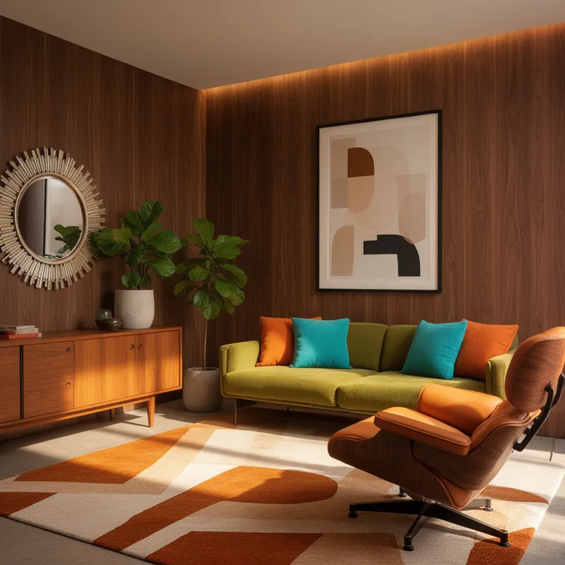 Mid-Century Modern Living Room - Slight Angle (perspective view)**
A photorealistic mockup of a mid-century modern living room interior, viewed from a slight angle showing perspective depth, warm walnut wood accent wall with a large framed art print displayed at a natural angle, low-profile sofa in avocado green, with orange and turquoise throw pillows teak credenza with potted fiddle leaf fig, sunburst mirror, eames-style lounge chair in caramel leather, abstract geometric rug in burnt orange and cream, soft warm directional lighting casting gentle shadows, professional interior photography style, lifestyle home decor mockup, 4k, highly detailed
- AI image generated with Flux 2