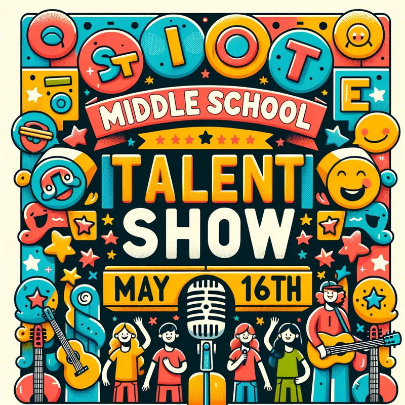 Middle School Talent Show - A fun and engaging talent show poster focused on a middle school audience. Use playful fonts, cheerful illustrations, and lively colors to attract attention. The title 'Middle School Talent Show' should stand out, and don't forget to include the date 'May 16th' clearly on the poster. - AI image generated with Art