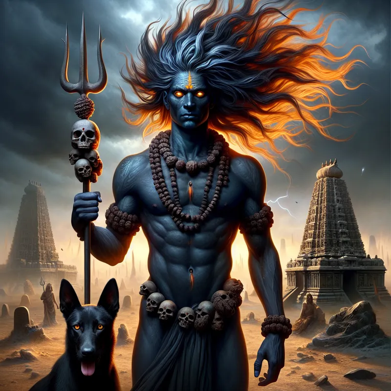 Midnight-Forged Bhairav - A figure carved from the essence of midnight, Bhairav stands compact, powerful, and fully awake. His deep blue-black skin absorbs all light, evoking the intensity of storm clouds before lightning. Wild, flame-like hair rises untamed around his head, stirred by a mysterious wind. His molten gold eyes pierce through illusion, while a garland of rudraksha beads or tiny skulls encircles his broad, ash-marked chest. In one hand, he wields a simple yet sharp trident, and in the other, holds a kapala skull bowl with serene steadiness. Beside him, a sleek black dog stands alert, embodying loyalty at the threshold between worlds. The background reveals ancient ruins and twilight at the edge of a cremation ground, infusing the image with an atmosphere of sacred transformation and grounded calm. - AI image generated with DALL-E 3