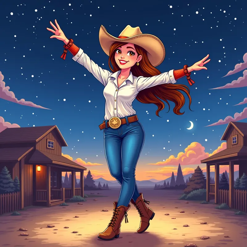 Midnight Hoedown - A charming cowgirl wearing a cowboy hat, white shirt, blue jeans, and ballet pointe shoes, showing off her dance moves at a boogie under the night sky. Digital art. Illustration. - AI image generated with Photorealistic 2 - alcohol ink, cartoony, colorful