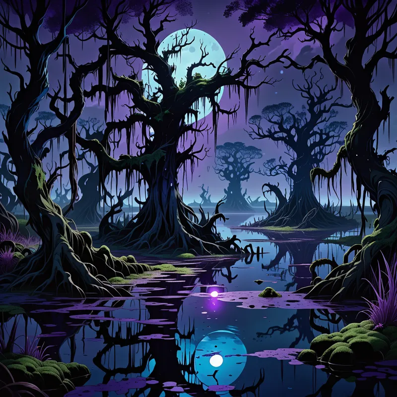 Midnight Mire Enchantment - A dark magical swamp landscape in anime style art, featuring black waters reflecting a dim moonlight, twisted ancient trees draped in moss, glowing blue and purple magical wisps floating above the marsh, and a mysterious enchanted atmosphere with dramatic shadows and cinematic composition. - AI image generated with Fictional