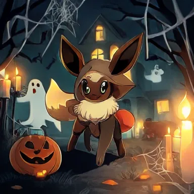 Midnight Mischief - A playful Eevee in an Umbreon Halloween costume, exploring a haunted house at night. The setting includes cobwebs, flickering candles, and ghost Pokemon in the background, all depicted in a Pokemon anime art style.