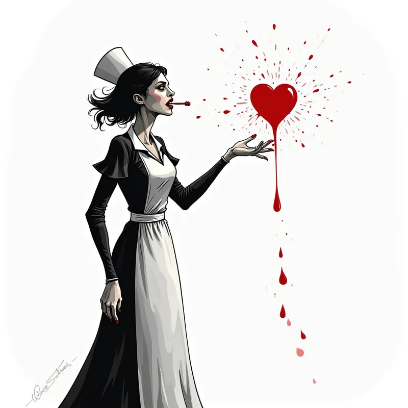 Midnight Nurse on Duty - A mysterious vampire nurse with a dark aura stands in a blood donation center, fangs exposed, one fang catching a bead of blood, the entire scene isolated on a pure white background. - AI image generated with Photorealistic 2 - minimalist line art, Salvador Dali