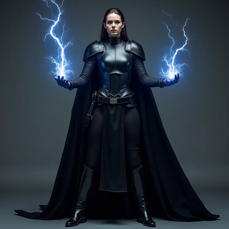 Midnight Sith Fury - A menacing female Sith in matte and gloss black armor, highlighted by reflective leather equestrian boots and gloves, stands front-facing, her hands outstretched as she channels blue lightning directly at the spectator. - AI image generated with Photorealistic 2
