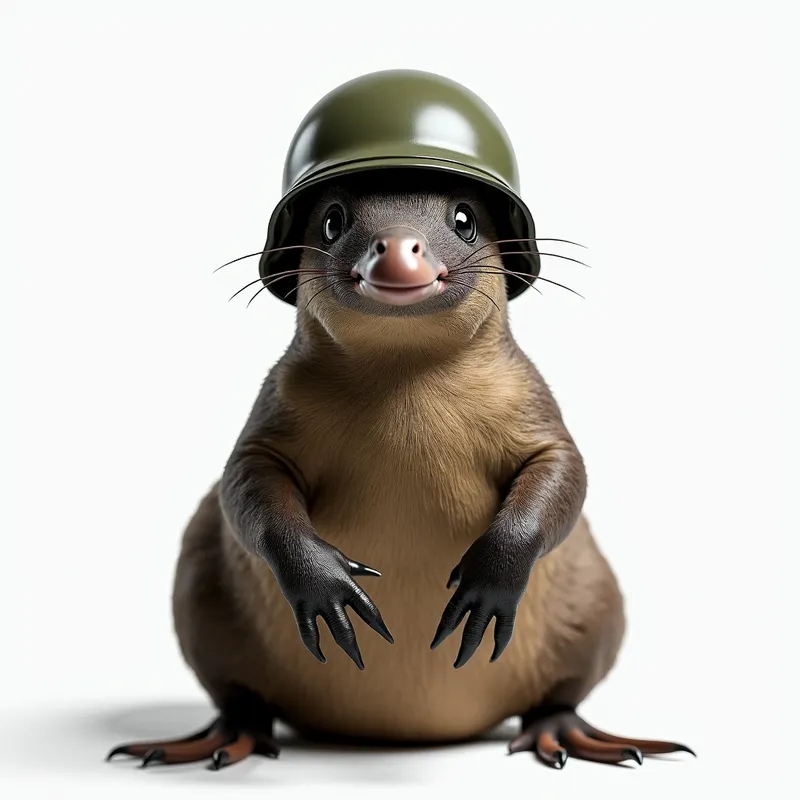 Militant Platypus - An ultra-realistic image of a platypus in an army helmet set against a minimalistic white backdrop. - AI image generated with Photorealistic 2