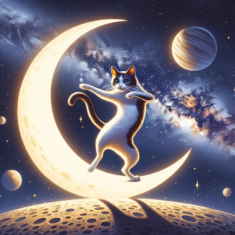 Milky Way Cat Shuffle - A playful cat doing the shuffle dance on a crescent moon, with the Milky Way sprawling majestically in the background and planets swirling nearby. - AI image generated with Art