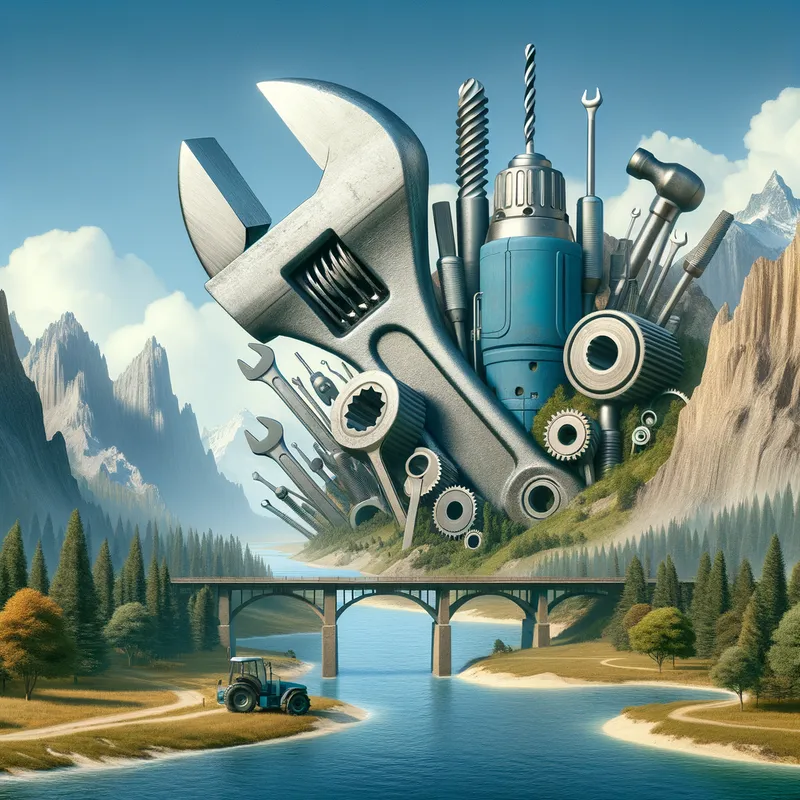 Milwaukee Tool Landscape - An artistic landscape where iconic Milwaukee tools are integrated into the environment, such as a giant wrench forming a bridge or a drill as a mountain peak. - AI image generated with Art